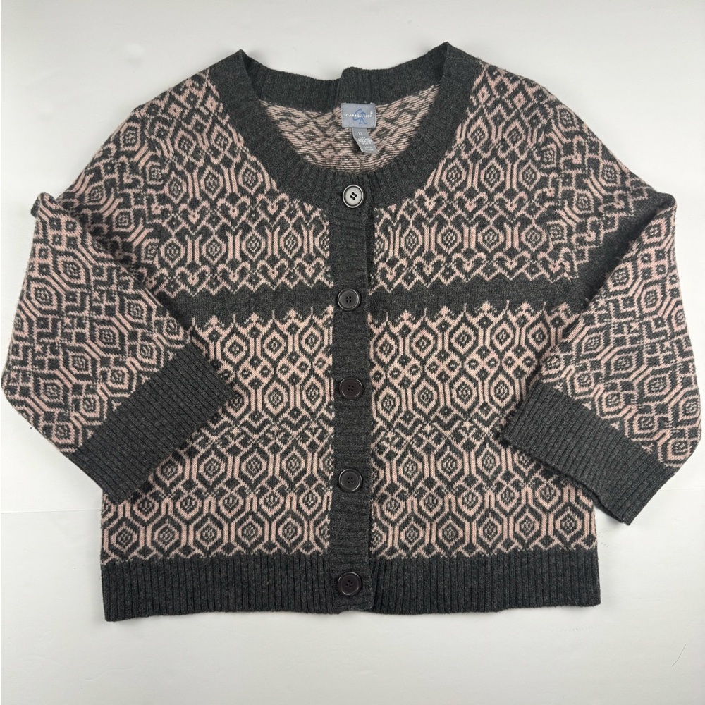 Chic Geometric 3/4 sleeve wool Cardigan - Pink and Gray size XL